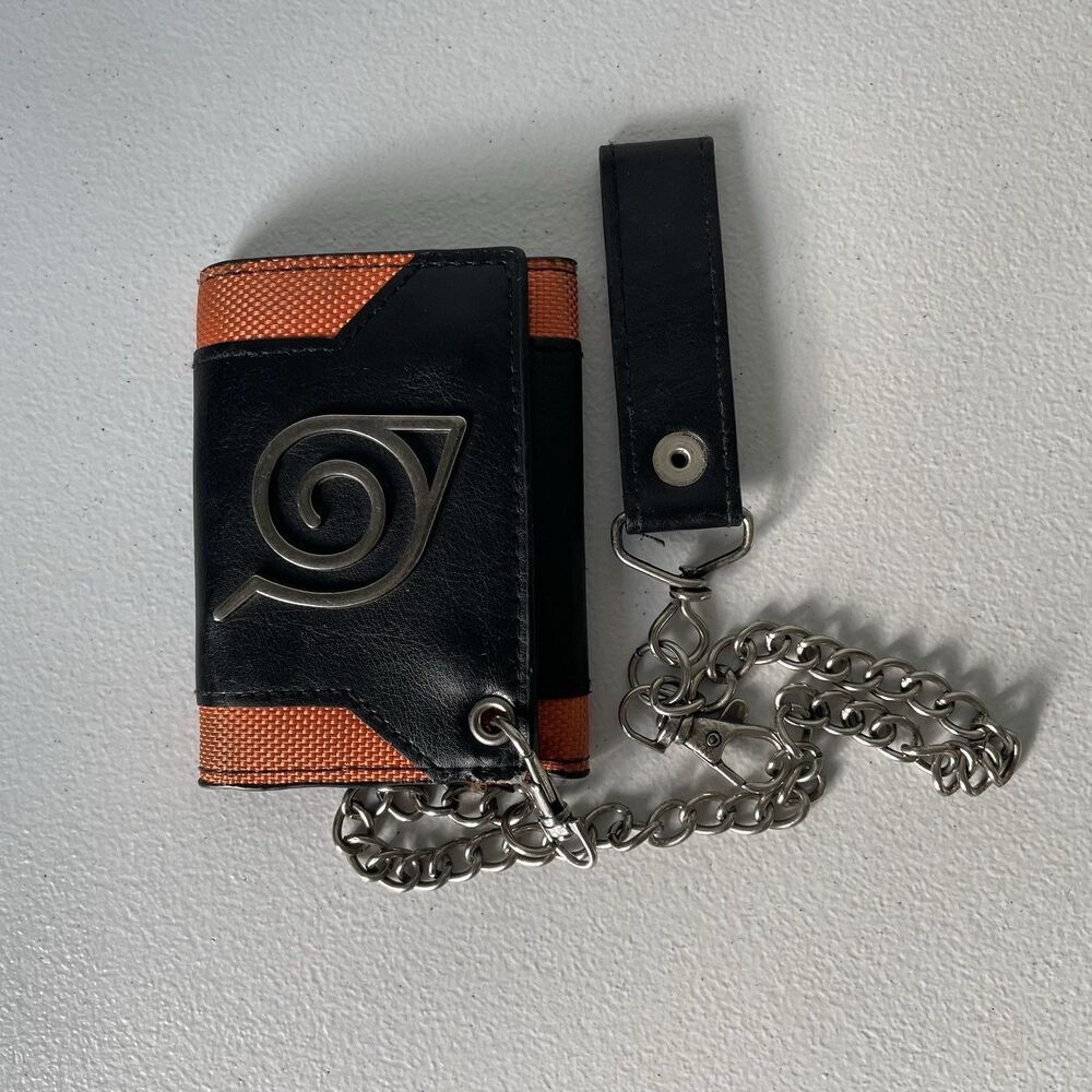 Naruto Logo Chain Wallet Black Orange Tri-Fold Card Slots 15" Chain, 3"x 4"